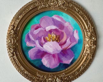 Pink Peony Original Oil Painting Flower Small Miniature with Round Ceramic Frame Floral Canvas Peony Artwork Vintage Gallery Wall