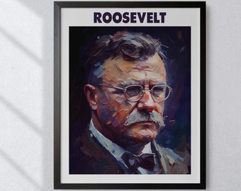 Könnte beinhalten: Ein gerahmtes Gemälde von Theodore Roosevelt, dem 26. Präsidenten der Vereinigten Staaten. Das Gemälde ist in einem farbenfrohen, impressionistischen Stil mit kräftigen Pinselstrichen ausgeführt. Das Gemälde zeigt Roosevelts Gesicht mit einem Schnurrbart und einer Brille sowie einen Teil seines Anzugs.
