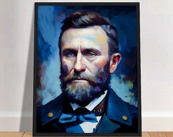 Pode incluir: Uma pintura de um homem com barba e bigode, vestindo um casaco azul com botões dourados e uma gravata borboleta azul. O fundo é um desenho abstrato azul e branco.