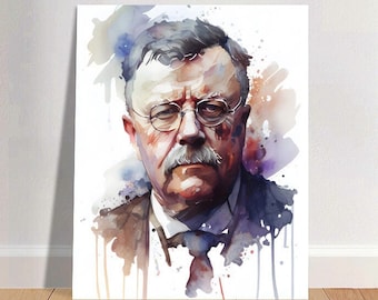 Könnte beinhalten: Aquarellmalerei eines Mannes mit Schnurrbart und Brille. Das Gemälde ist in einem realistischen Stil gehalten und weist viele Details auf. Der Hintergrund ist hellblau mit Farbspritzern.