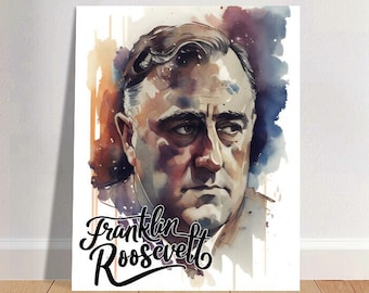 Könnte beinhalten: Aquarellporträt von Franklin D. Roosevelt mit ernstem Gesichtsausdruck. Das Kunstwerk zeigt eine Mischung aus lila, braunen und blauen Farbtönen. Der Name "Franklin Roosevelt" steht darunter in Schreibschrift.