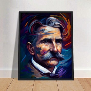 May include: A colorful abstract portrait painting of a man with a mustache. The painting features a mix of blue, purple, red, and yellow hues.