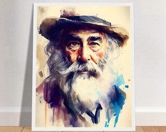 Walt Whitman acuarela arte impresión retrato POSTER / Literatura clásica Poesía Arte de pared física / Retiro Mindspring
