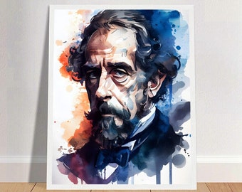 Charles Dickens Akwarela Sztuka Portret Plakat | Klasyczna Literatura Fizyczna Sztuka Ścienna | Mindspring Retreat