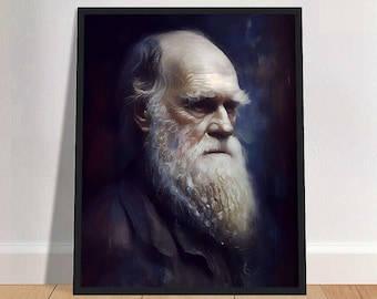 May include: A painting of Charles Darwin, a famous scientist, with a long white beard. The painting is done in a dark, moody style.