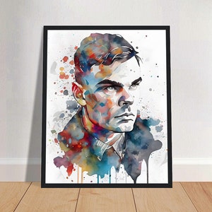 Könnte beinhalten: Ein gerahmtes Aquarellporträt eines Mannes mit ernstem Gesichtsausdruck, dargestellt in einer lebendigen Farbmischung. Das Kunstwerk hat einen schwarzen Rahmen und wird vor einem weißen Hintergrund mit bunten Farbspritzern gezeigt.