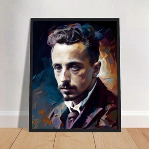 May include: A painting of a man with a moustache and goatee. The painting is done in a colourful, abstract style with brushstrokes visible. The man is wearing a dark suit and a white shirt with a dark tie.