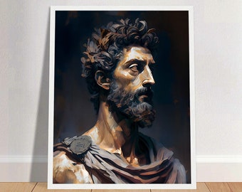 May include: A bronze bust sculpture of a man with a beard and curly hair. The sculpture is set against a dark background.