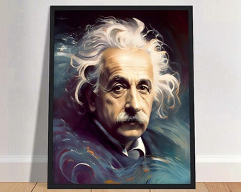 May include: A painting of Albert Einstein, a famous physicist, with a white background and a blue and purple swirl pattern.