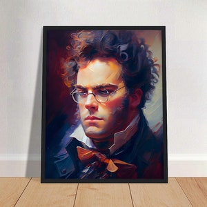 May include: A painting of a man with dark hair and a mustache wearing a dark blue jacket and a white shirt with a bow tie. He is wearing round glasses and has a serious expression on his face.