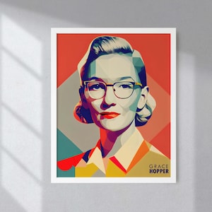 May include: A colorful, geometric portrait of Grace Hopper, a computer scientist and United States Navy rear admiral. The portrait is in a pop art style with bold colors and geometric shapes. The text "GRACE HOPPER" is in the bottom right corner of the image.