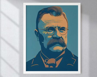 Könnte beinhalten: Eine Illustration im Vintage-Stil eines Mannes mit Schnurrbart und Brille. Er trägt einen dunkelblauen Anzug mit einer hellbraunen Krawatte. Der Hintergrund ist hellblau.