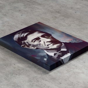 Puede incluir: Una pintura de un hombre con una expresi&oacute;n seria. La pintura est&aacute; realizada en un estilo estilizado y abstracto con un fondo azul y morado.