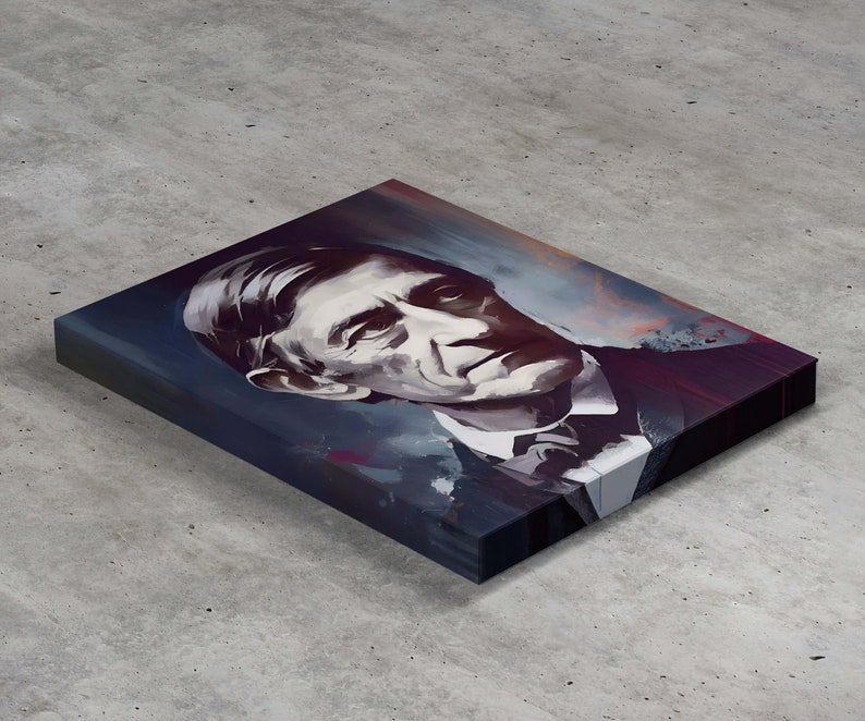 Puede incluir: Una pintura de un hombre con una expresi&oacute;n seria. La pintura est&aacute; realizada en un estilo estilizado y abstracto con un fondo azul y morado.