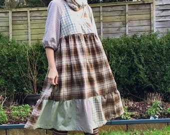 Boho cotton patchwork check dress, 12-14 UK