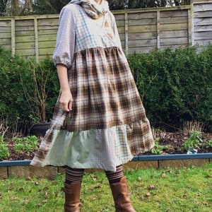Boho cotton patchwork check dress, 12-14 UK