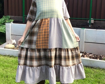 Checked, Patchwork, boho, tiered, slip-on dress, 14-16