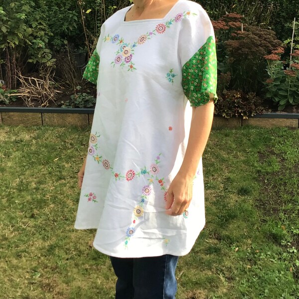 Embroidered tablecloth, upcycled bohemian, free size, tunic dress, 10-14