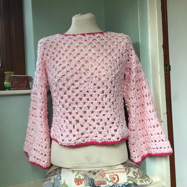 Upcycled, boho, pink, crochet jumper 10-12UK