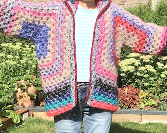Crocheted jacket, cardigan, mohair and acrylic, boho, hippy, large 14-16 uk