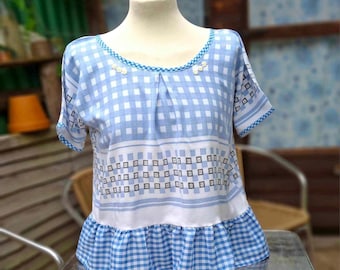 Upcycled tablecloth and gingham women’s top, uk 10-12