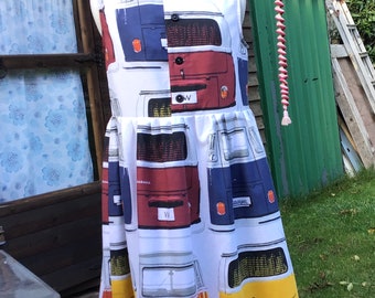 Upcycled camper van duvet dress, 10-12, button front, sleeveless