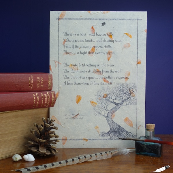 Impresión del poema de Emily Brontë "Un ratito", papel de pétalos hecho a mano, Yorkshire Tree Art