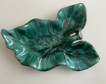 Large Vintage Blue Mountain Pottery Leaf Dish, Turquoise