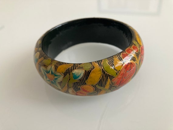Hand-painted Vintage Wood Bracelet, Floral - image 1
