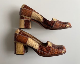 Vintage Snakeskin Patchwork Heels Size 6.5B, Made in Canada