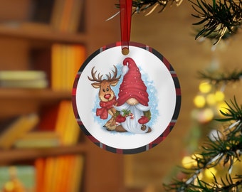 THIS HOUSE BELIEVES Gnome and Reindeer Family Christmas Ornament - Holiday Metal Hanging Ornament