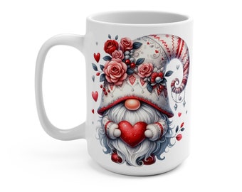 15 oz HEARTS AND ROSES Gnome Mug For Coffee Cocoa Tea Beverage