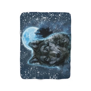 May include: A blue wolf with blue eyes is howling at the moon. The moon is full and bright, and the background is a dark blue with white stars.
