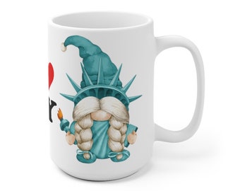 15 oz STATUE of LIBERTY Gnome Mug With I Love New York - For Coffee Cocoa Tea Beverage