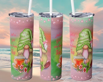 20oz CHEERFUL TEA LOVER Girl Gnome Who Loves Tea - Skinny Tumbler with Straw For Hot or Cold Coffee Tea Beverages