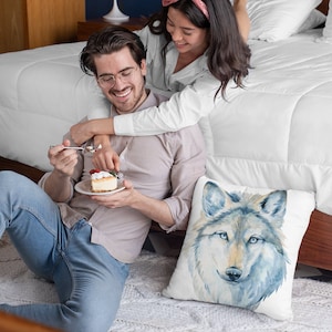 18 x 18 CHRISTMAS WOLF with Blue Eyes On Square Pillow