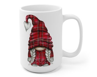 15 oz VALENTINE RED Plaid Gnome Mug (also in 11 oz) For Coffee Cocoa Tea Beverage