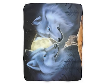 WOLF & WOLVES FULL Moon Sherpa Fleece Blanket 50" X 60"