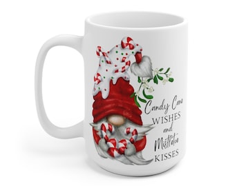 15 oz Mug with CANDY CANE WISHES Gnome (also In 11 Oz) For Coffee Cocoa Tea Beverage