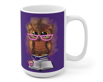 15 oz Mug with BOOK LOVER Owl (also In 11 Oz) For Coffee Cocoa Tea Beverage