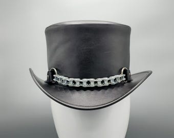 Handmade Black Leather Steampunk Top Hat A Bike Chain Band, Gothic Biker Style