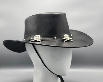 Black Leather Cowboy Hat – Handmade Western Wide Brim Hat for Men and Women