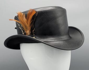 Black Leather Top Hat with Feathers: Handmade Steampunk Gothic Festival Hat