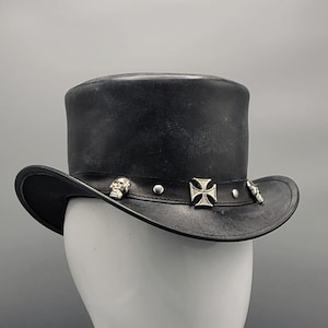 Handmade Black Leather Top Hat with Skull Cross Studs, Biker Cosplay Gothic Steampunk Hat for Men, Festival Costume Gift for Him