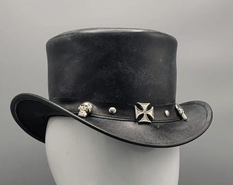 Handmade Black Leather Top Hat: Skull & Cross Steampunk Biker Hat