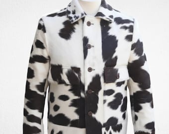 Cow Print Cowhide Jacket, Genuine Leather Coat, Western Biker Rodeo Outfit
