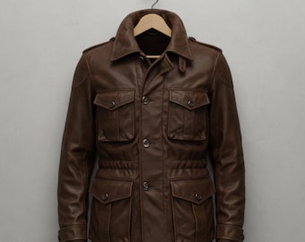 Handmade Brown Leather Safari Jacket – Mens Leather Jacket, Vintage Style Field Coat