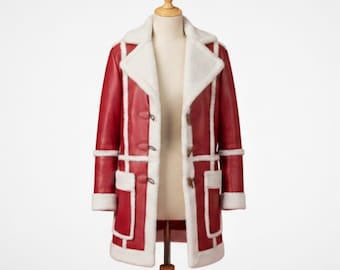 Handmade Red Shearling Coat – Womens Christmas Coat, Festive Holiday Jacket