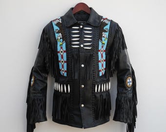Handmade Black Leather Beaded Jacket – Western Fringe Coat for Men, Native Inspired.