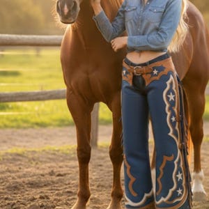 May include: Blue denim chaps with brown leather accents and white star designs. The chaps have a decorative trim and fringe along the sides. A brown belt with a buckle is visible. The chaps are worn with a denim shirt.